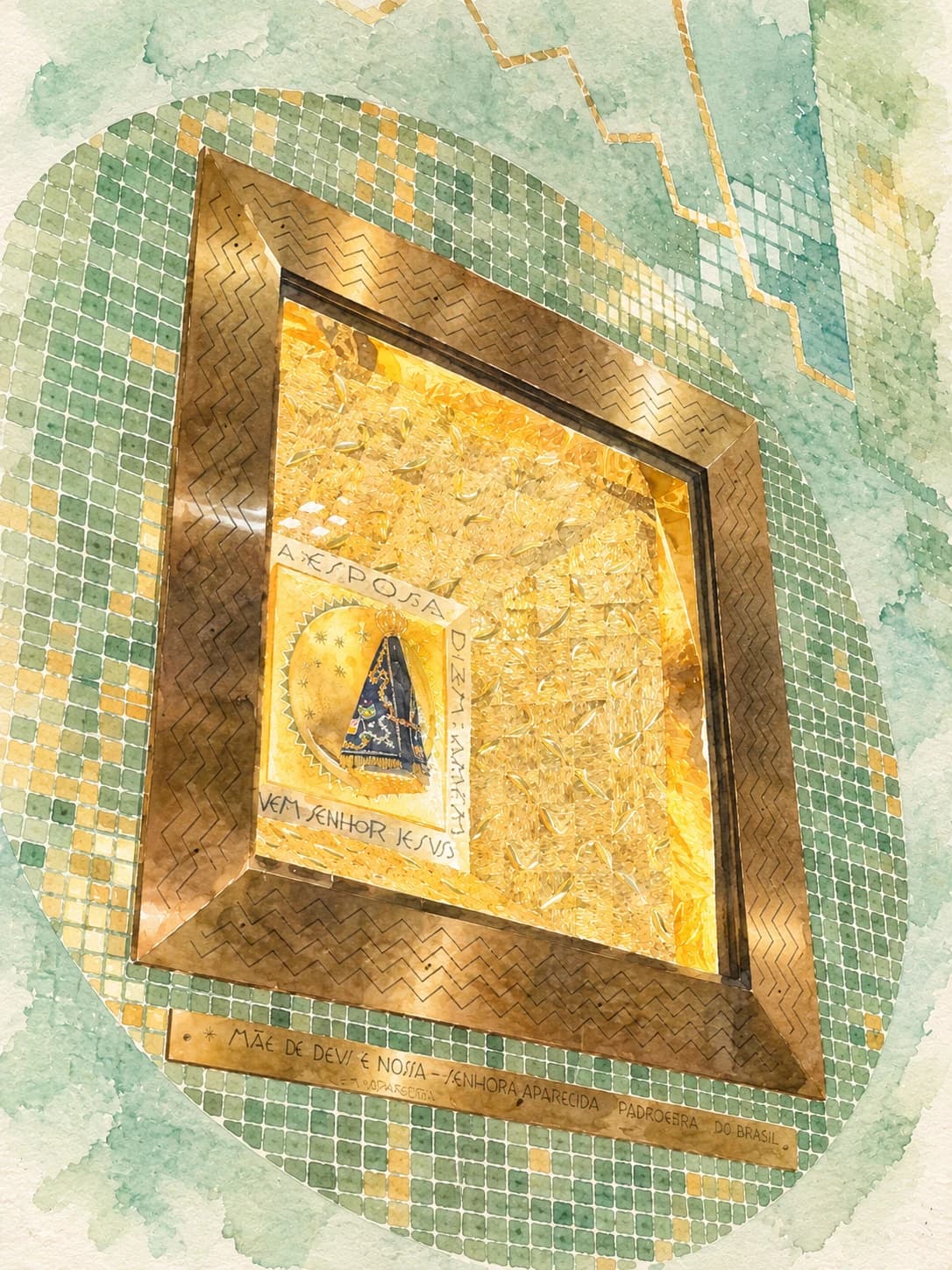 Aquarela do nicho dourado com a imagem de Nossa Senhora Aparecida