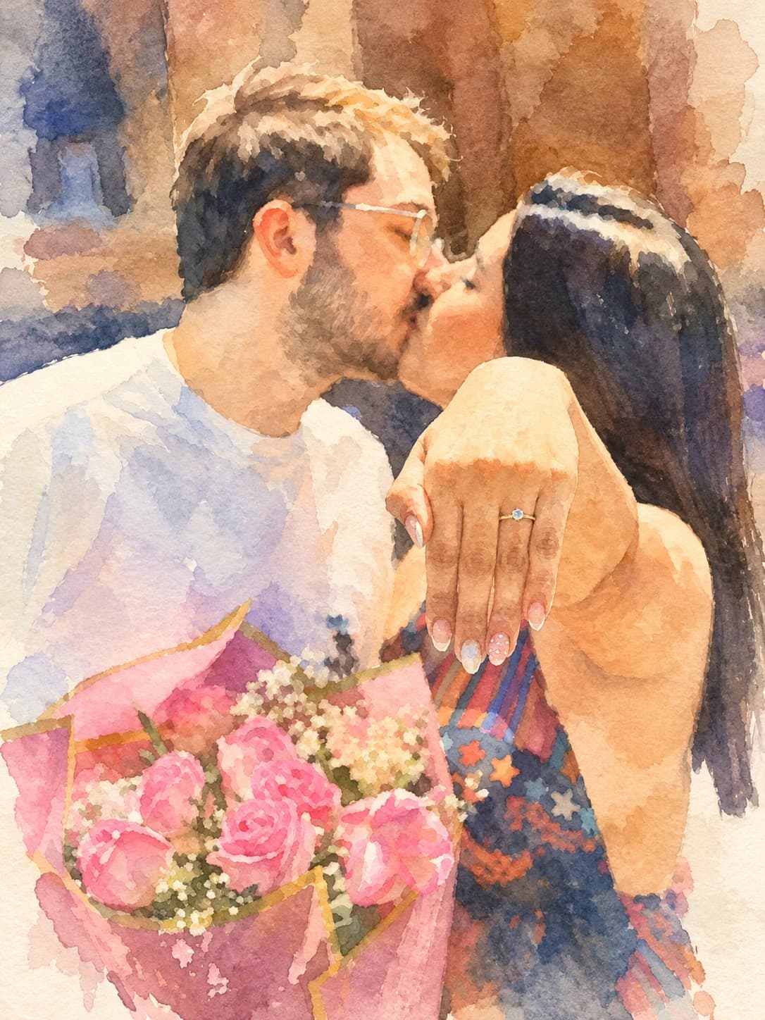Aquarela de Taíssa e Tiago se beijando no dia do pedido; ela mostra a aliança na mão e segura um buquê de rosas cor-de-rosa