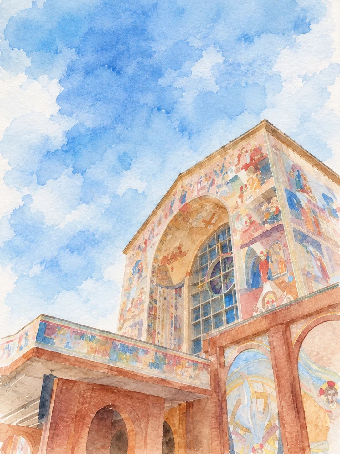 Aquarela da fachada da Basílica de Nossa Senhora Aparecida, com os mosaicos coloridos e o grande arco envidraçado sob um céu azul de nuvens.